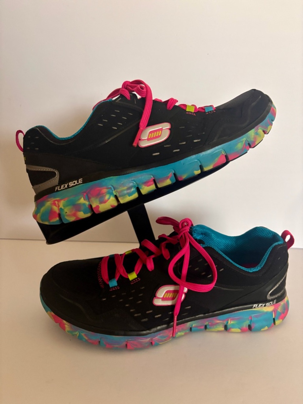 Skechers Black Sneakers with Pink Laces and Colorful Tie-Dye Sole